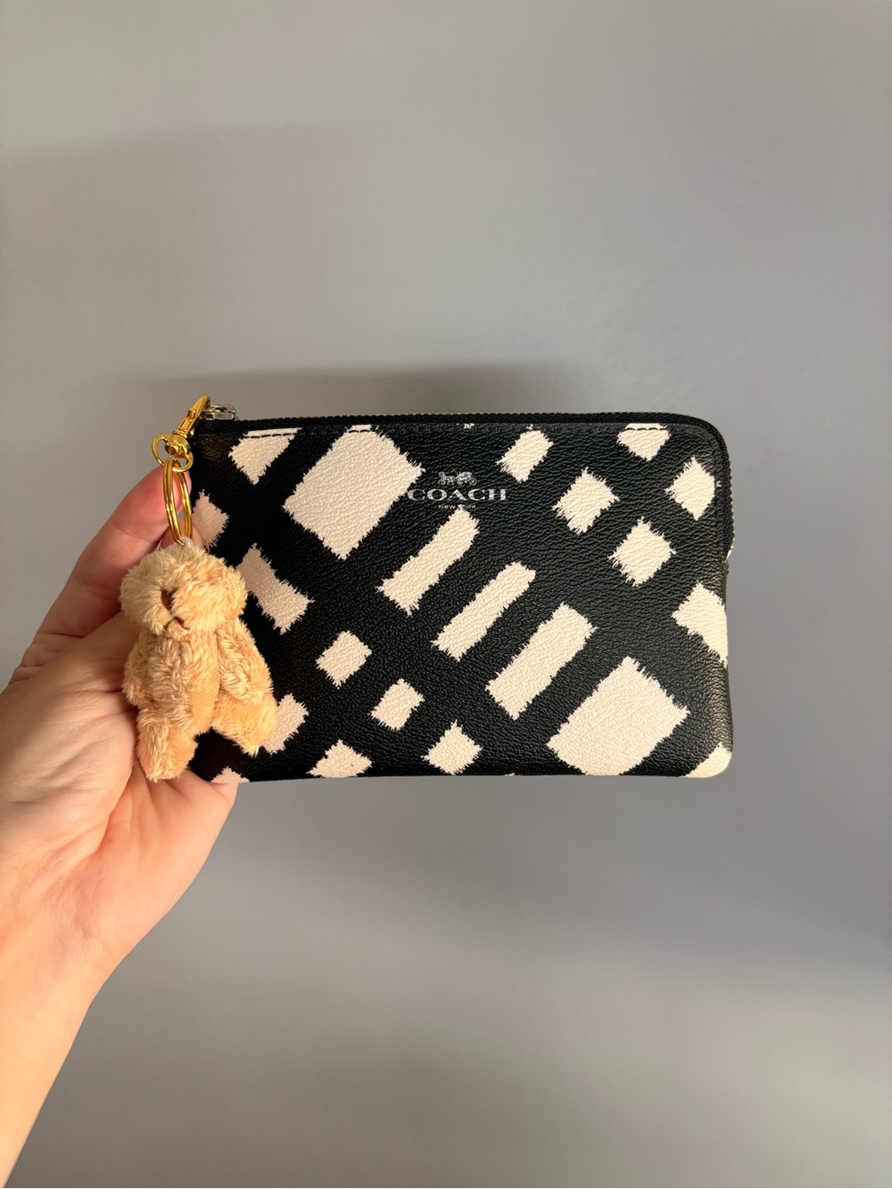 Coach Black & Cream Graphic Zip Wristlet with Teddy Charm Key Ring